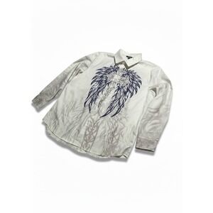 Ouku Mens XL White Gothic Cross Wing Graphic Button Down Shirt Y2K Cyber Grunge